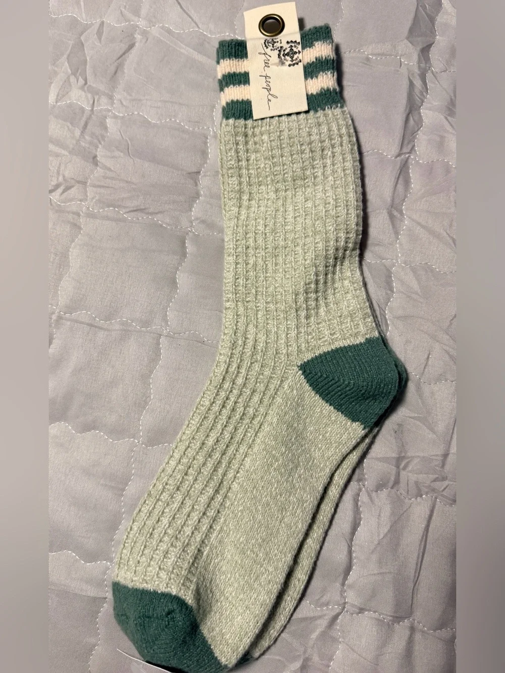 Free People Jackson Cozy Stripe Socks in Sage featuring a ribbed texture. NWT